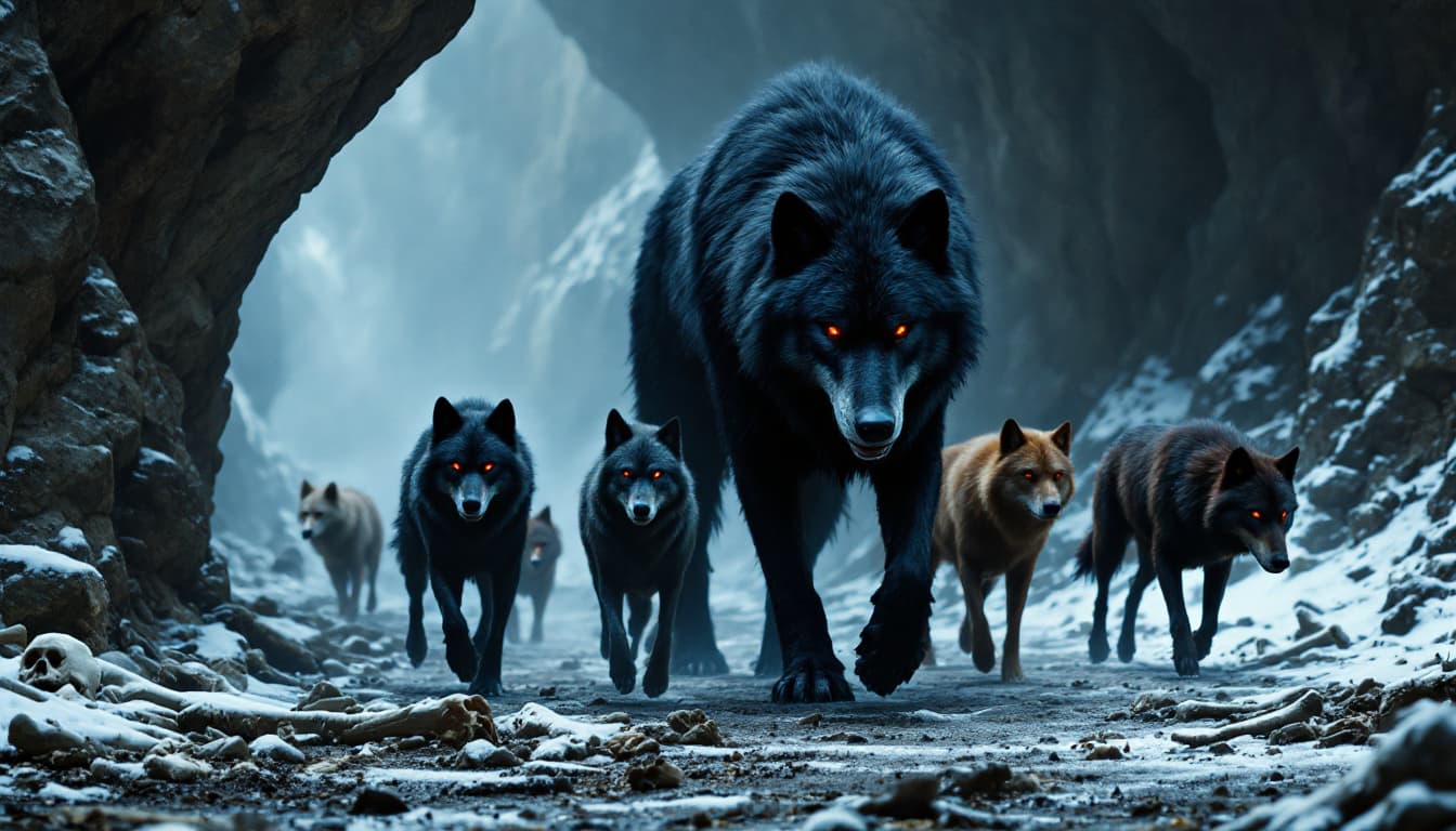 AI generated: Giant black wolf walks and behind it five wolves of different black, brown, and a reddish one follow...