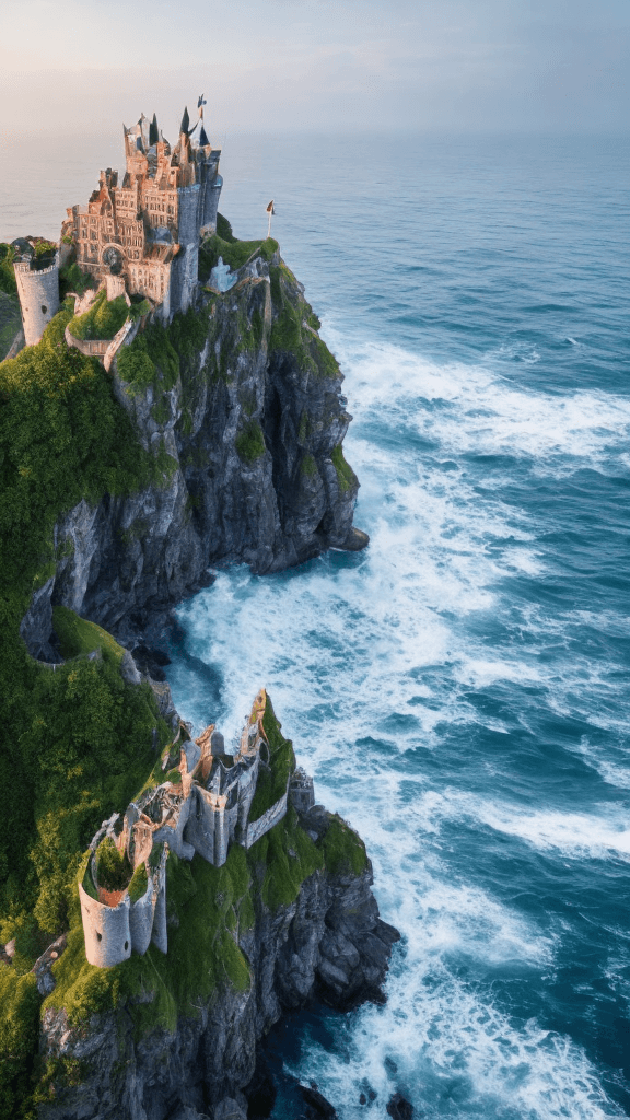 AI generated: A magnificent castle on a cliff edge overlooking the ocean, with crashing waves and seagulls in the ...