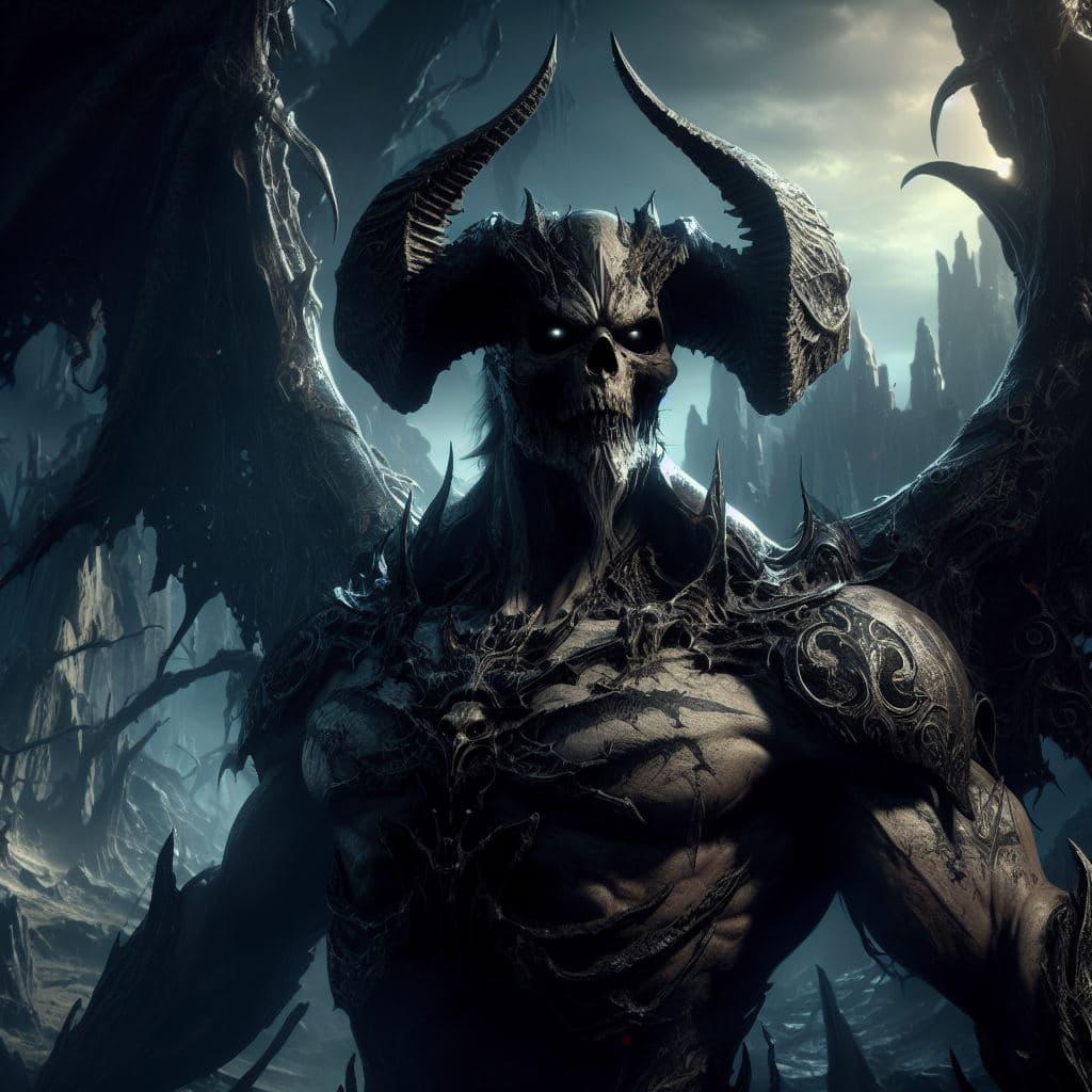 AI generated: Thanatos - Demonic emerges from the shadows, his wings spread wide and eyes glowing with malevolent ...