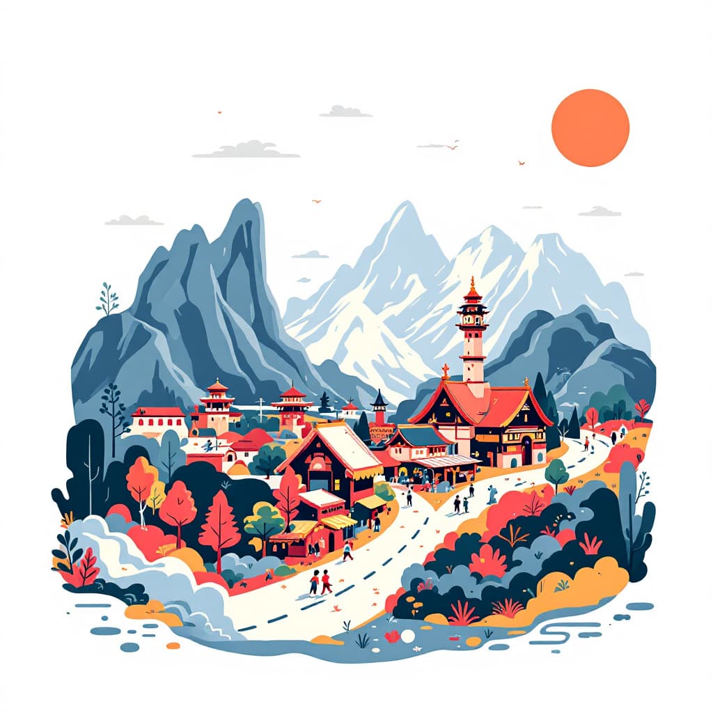 AI generated: tourism illustration running, many colors, white background, Tourism illustration, simple shape, fla...