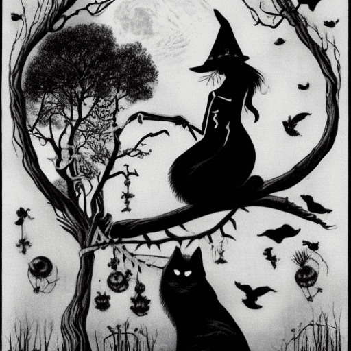 AI generated: Black and white image of sexy witch on s broom. A cat is also with her cat on the broom. She appears...