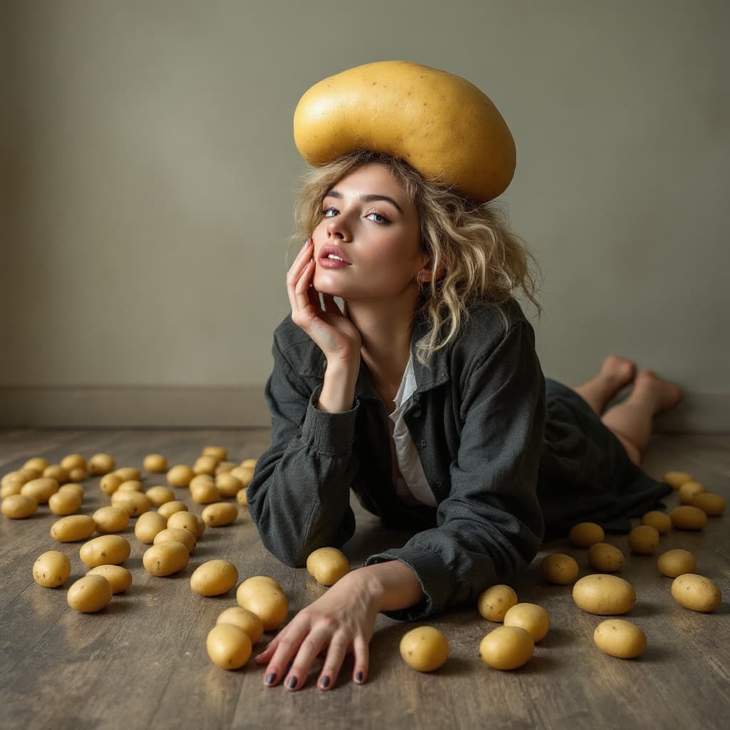 AI generated: A photo model with a potato on her head. Potatoes on the floor.