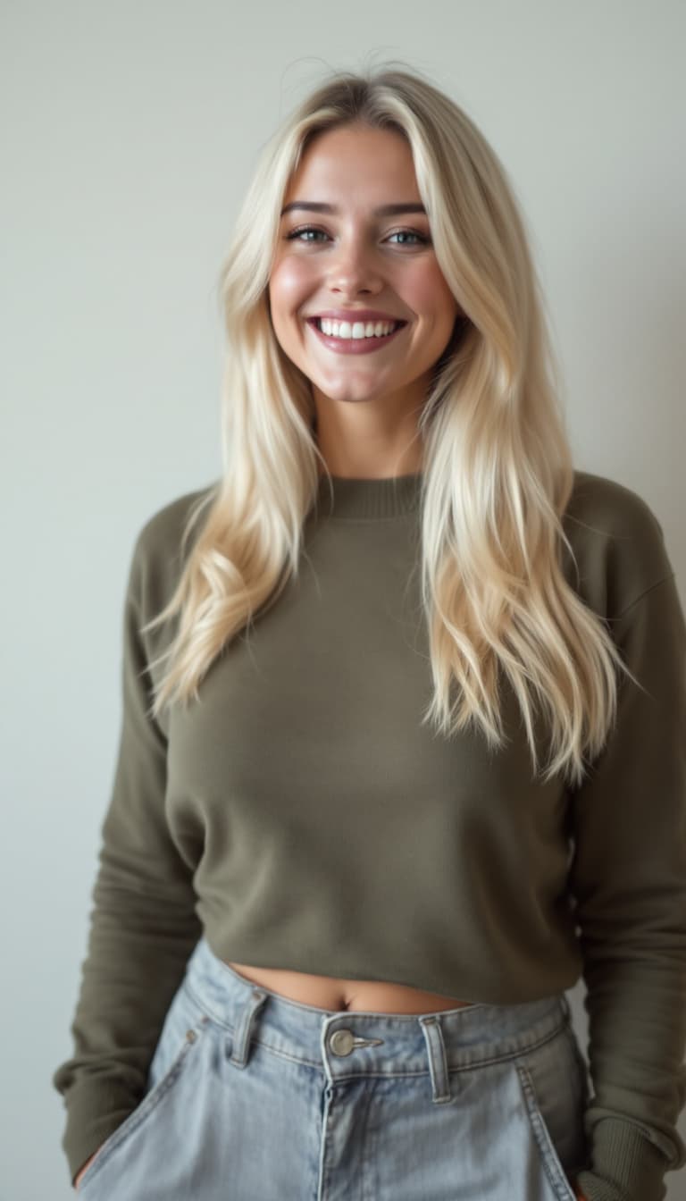 AI generated: A female, smiling, blonde, standing, 
