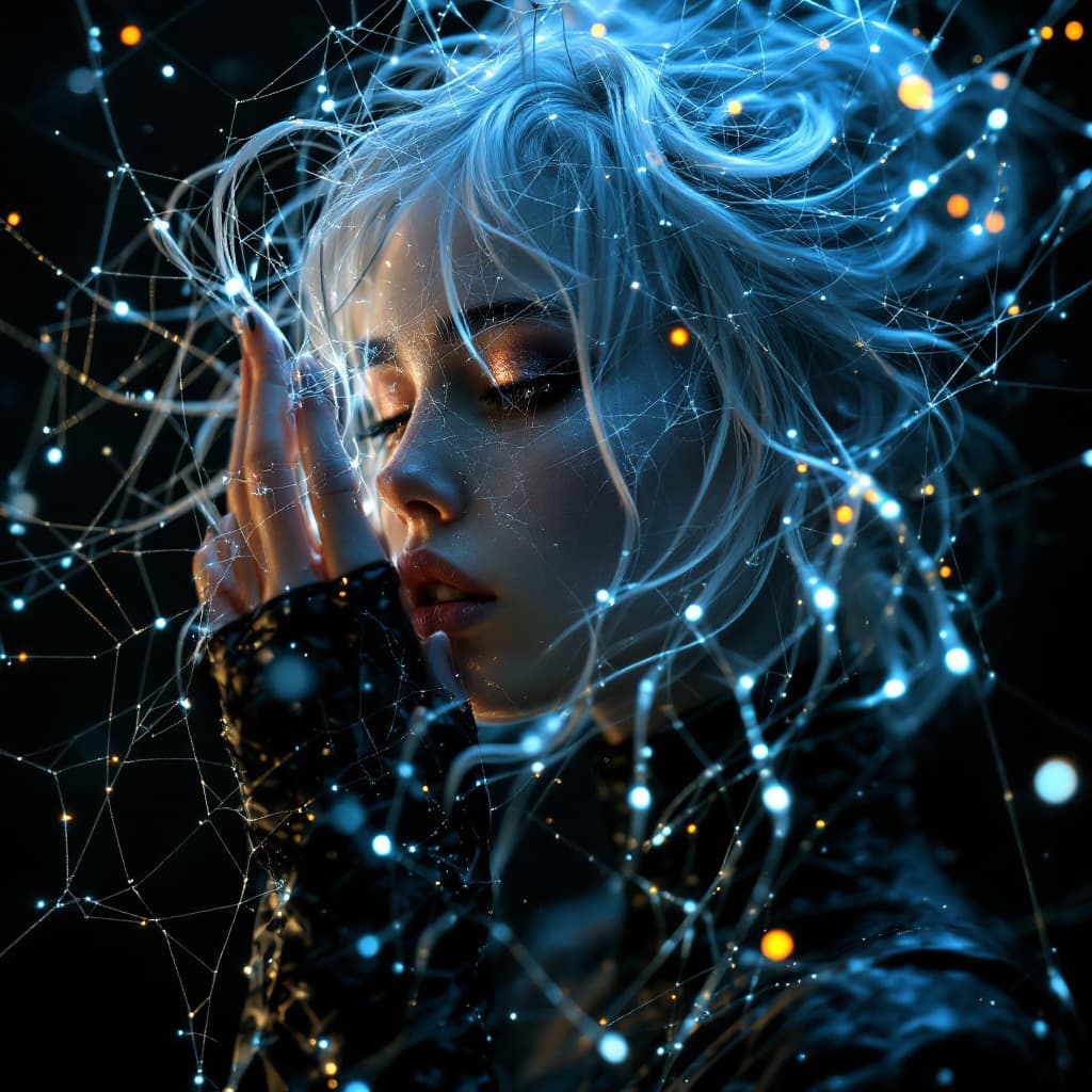 AI generated: a stunning realistic photoshoot of young pale skin lady, webs intigrating into glow hair, spider and...
