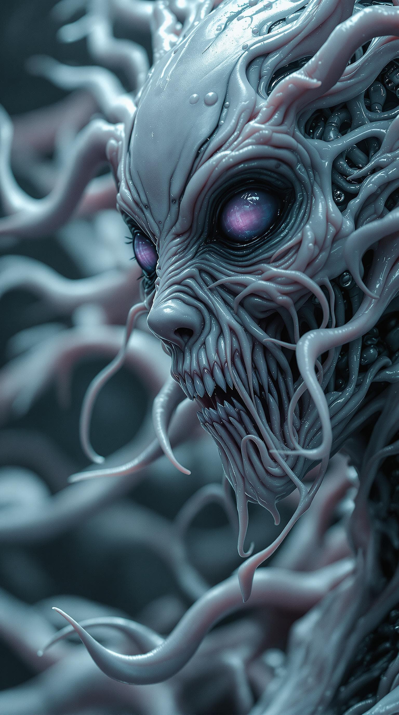 AI generated: slimy,creepy female cyborg demons,different full body modelposition, high detailed cinematic backgro...