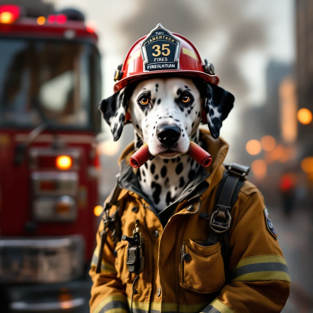 AI generated: "A hyper-realistic image of a Dalmatian dog dressed as a firefighter, wearing a detailed firefighter...