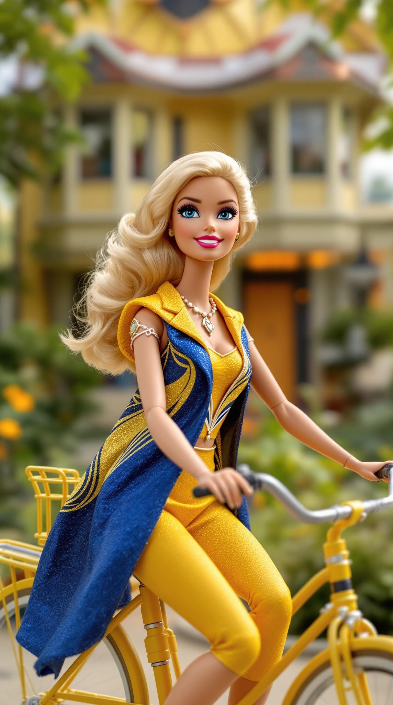 AI generated: photo, 20 year old barbie doll wearing art deco clothing sitting on a bicycle in front of her art de...