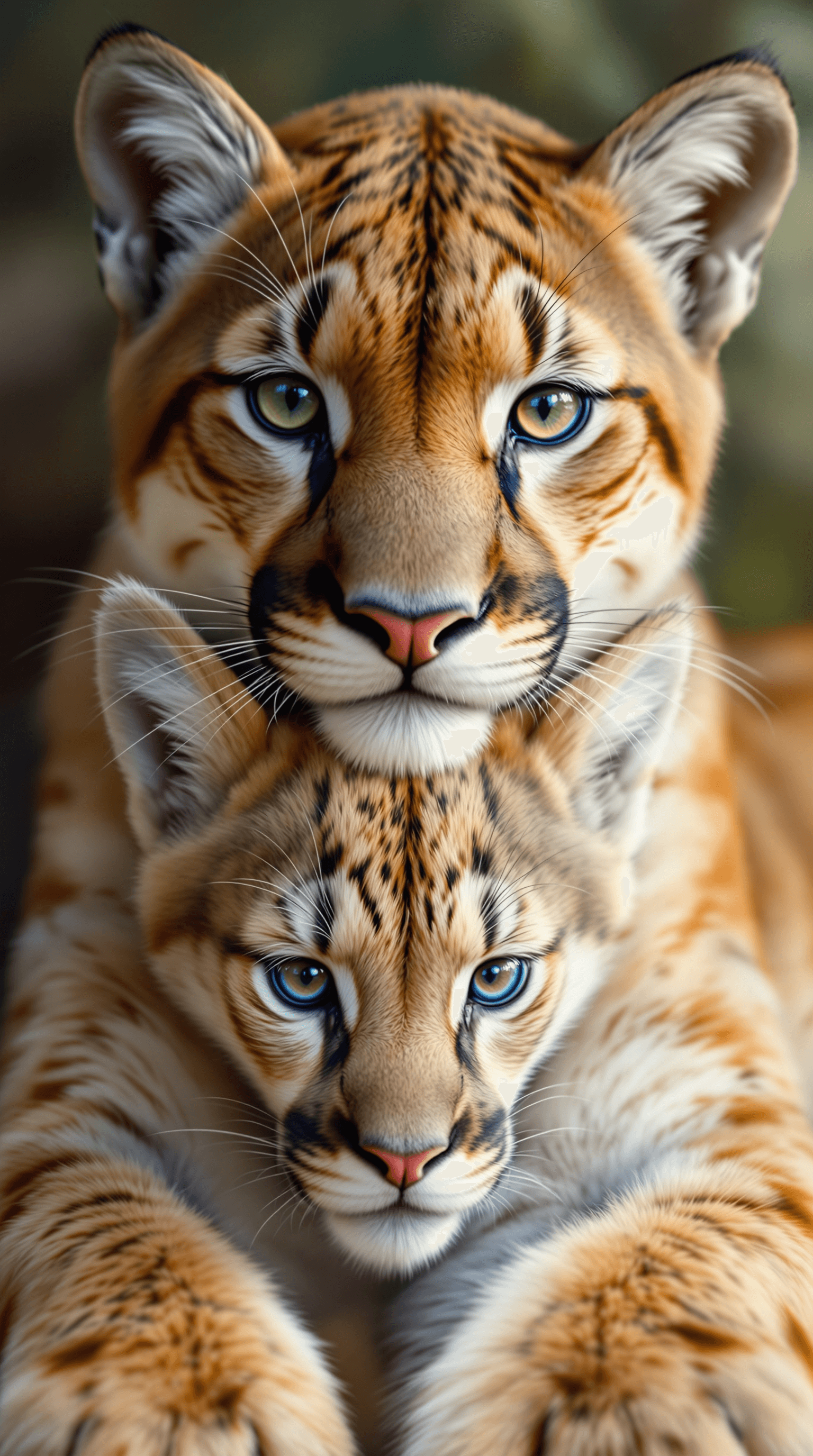 AI generated: realistic fine art of a cougar and her cub, both with their eyes open, resting against each other, s...