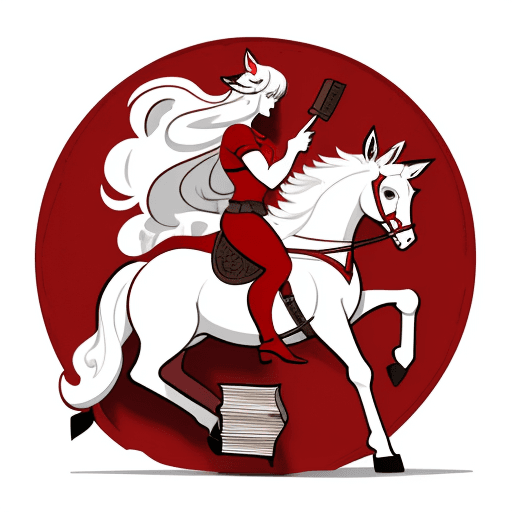 AI generated: a round logo with a centaur showing a hammer and a book, everything in white and shades of red and b...