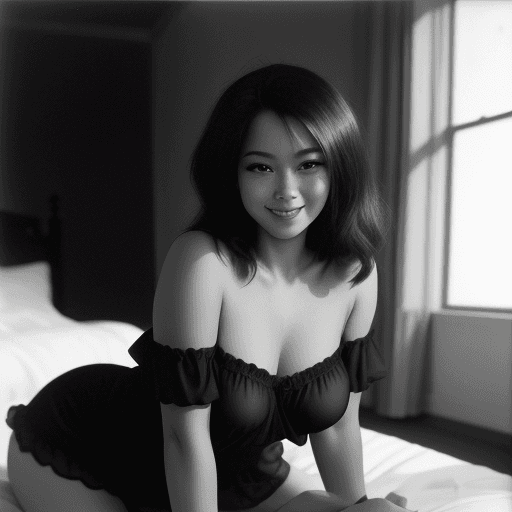 AI generated: Whole  body photo of a gorgeous lady wearing black nighties on the bed, seductive smile, daytime, de...