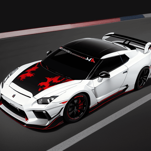 AI generated: A white Nissan GT-R R35 with a red stripe on the roof and Puma and Playstation sponsors on the sides...