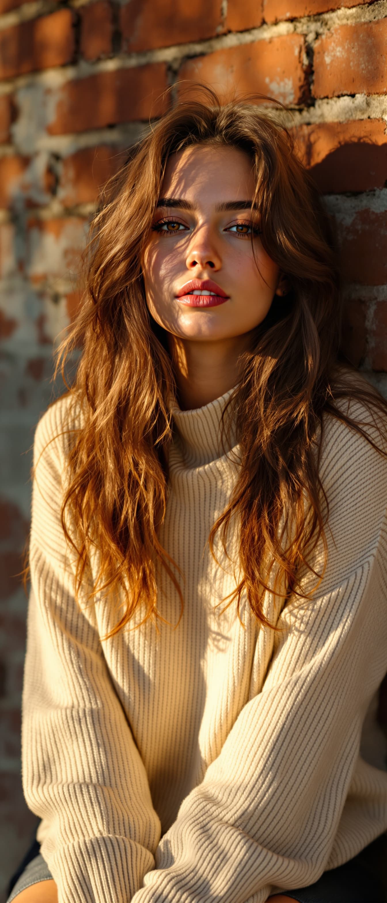 AI generated: "Image is a high resolution golden hour portrait of a model in her early 20' vibrant brunette hair, ...
