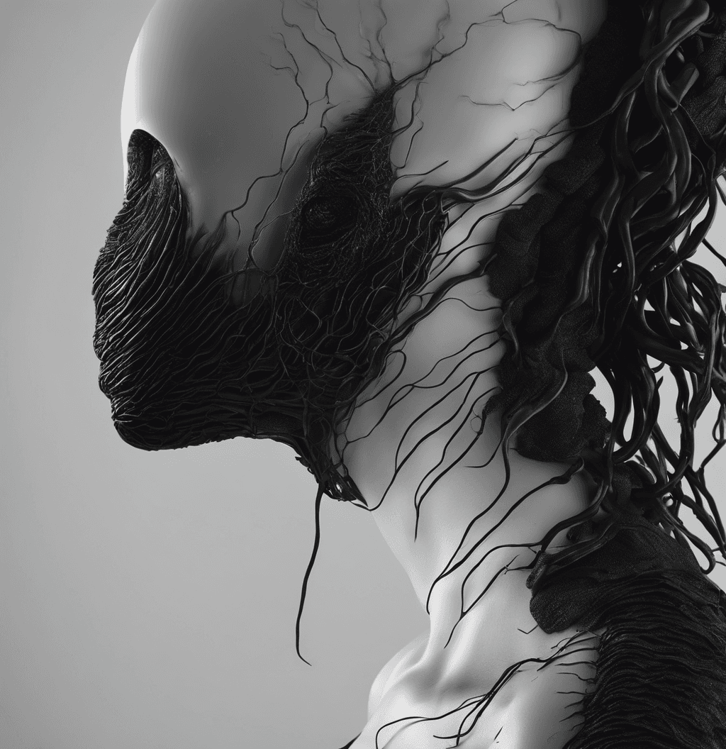 AI generated: A faceless creature shape of woman made of worm, suny street background, slimy, sticky, creepy, larv...