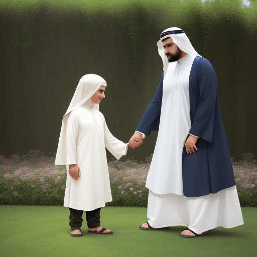 AI generated: a muslim holding hands with a little kid on weeding