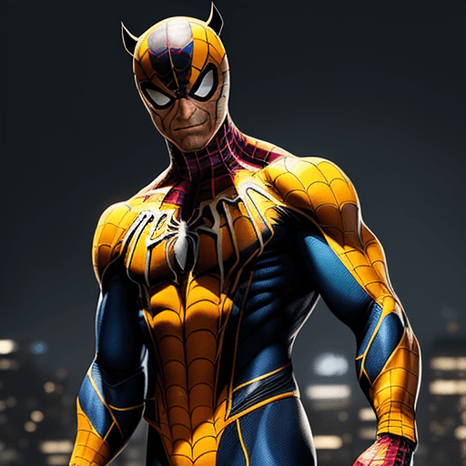 AI generated: HUGH JACKMAN IN A YELLOW AND BLUE WOLVERINE/SPIDER-MAN COSTUME