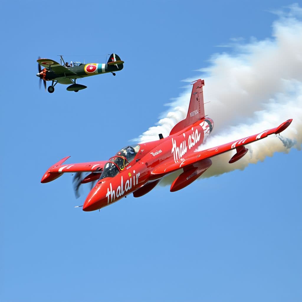 AI generated: An thaiair asia
 Fighter jet doing a roll at supersonic speed while being chased by a Fokker Tri-pla...
