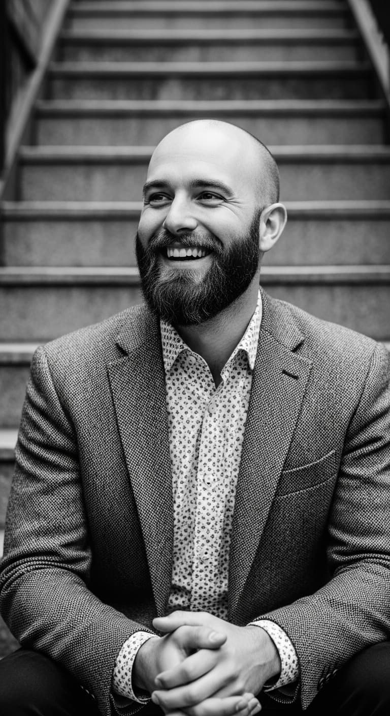 AI generated: A black and white portrait of a smiling man with a shaved head and beard, wearing a patterned shirt ...