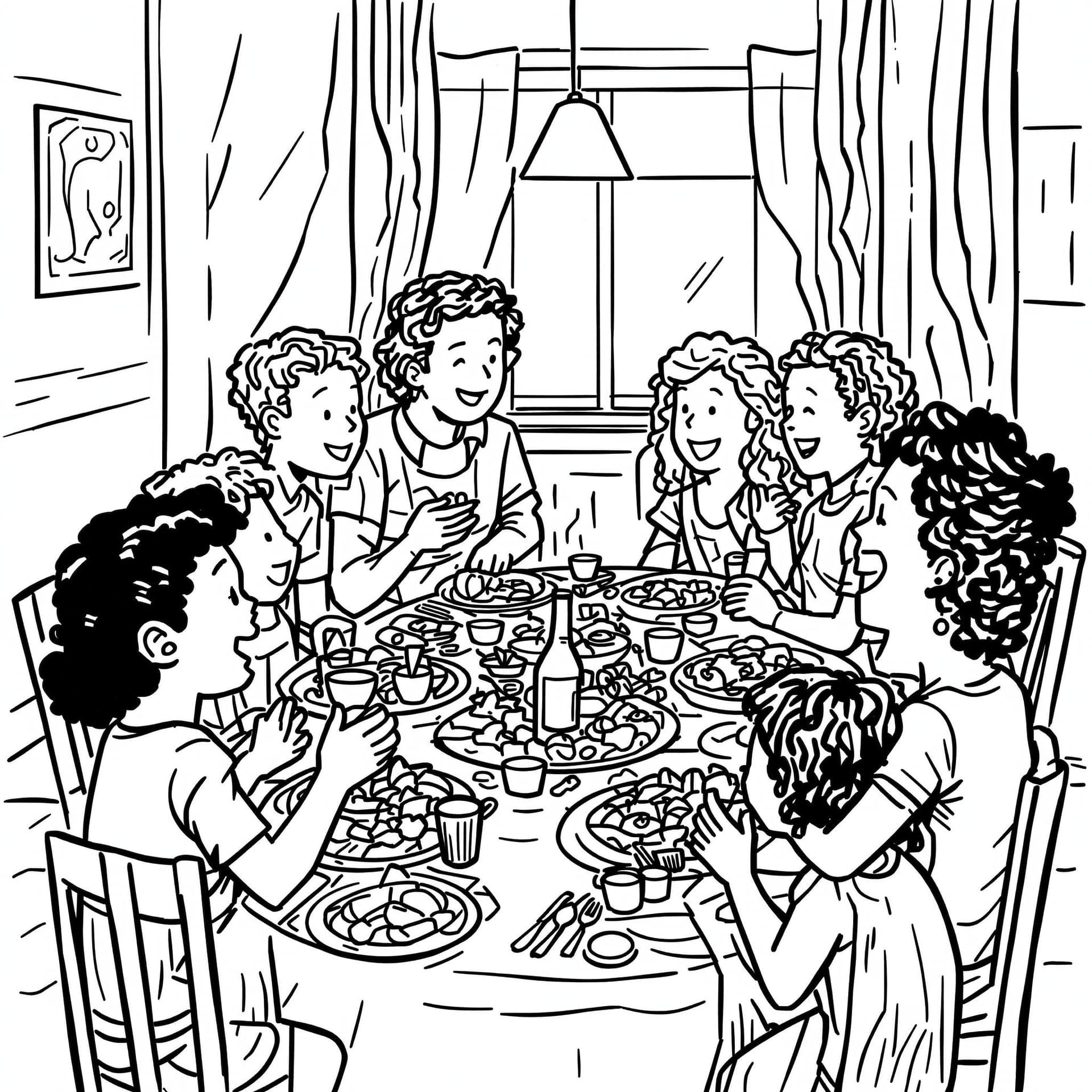 AI generated: High-resolution black-and-white line drawing of a family dinner: Include detailed elements such as e...