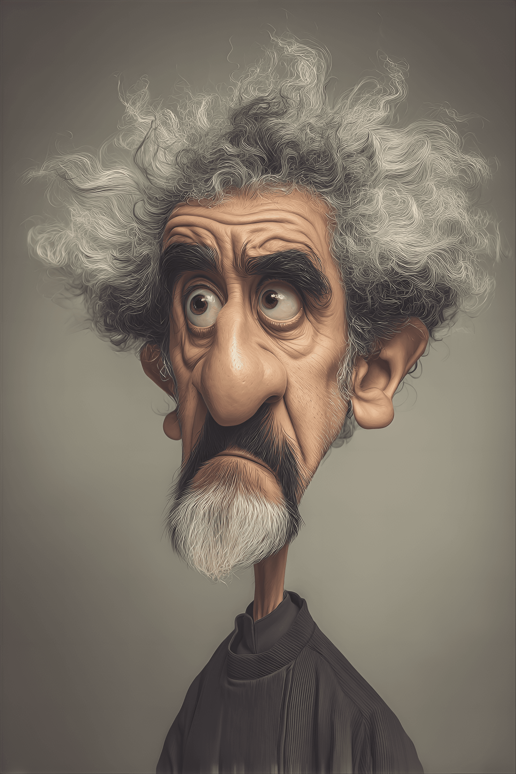 AI generated: funny caricature, eccentric professor caricature, male, middle eastern ethnicity, 50 years old