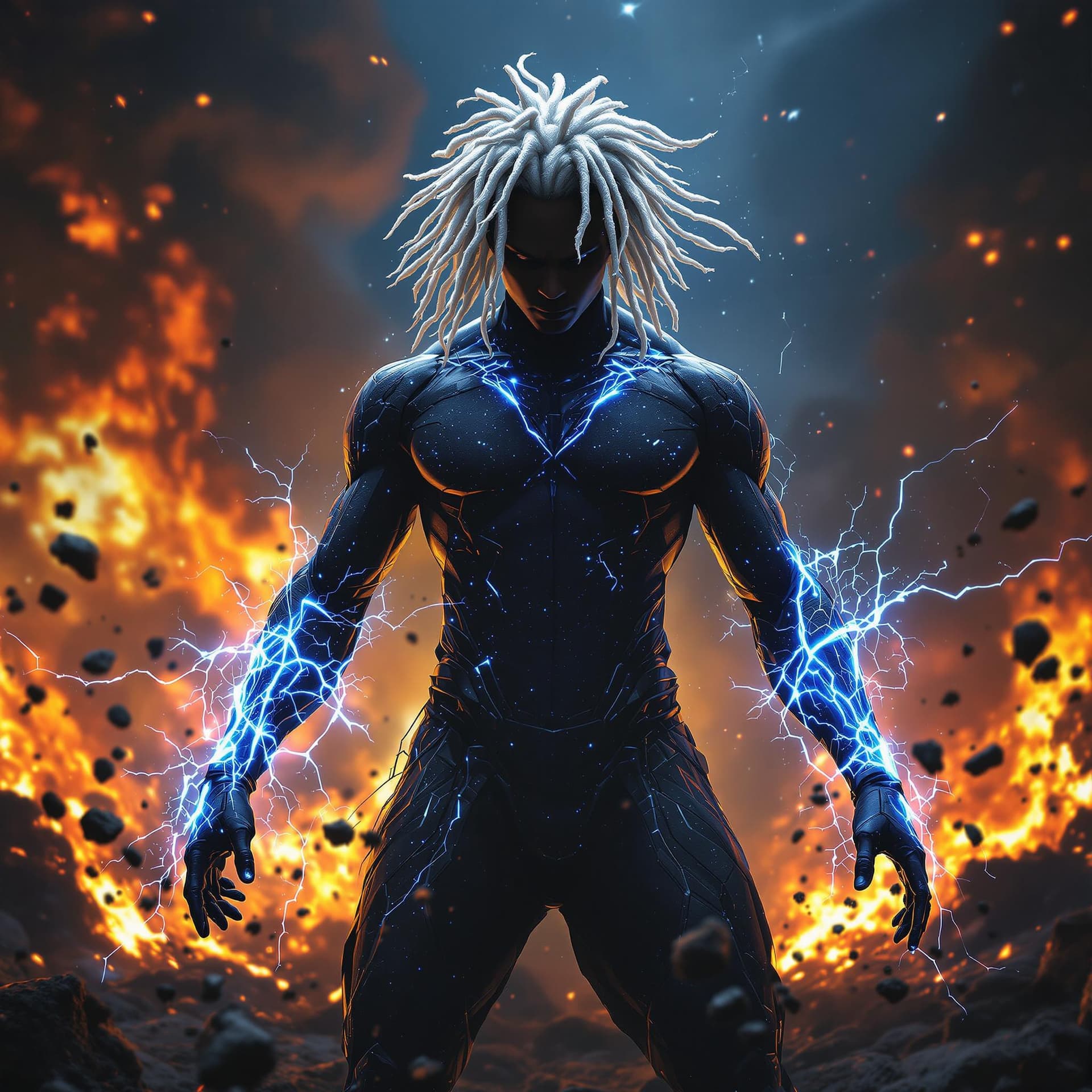 AI generated: front view of a PHOTOrealistic african american superHERO with white glowing short dreadlocks, his b...