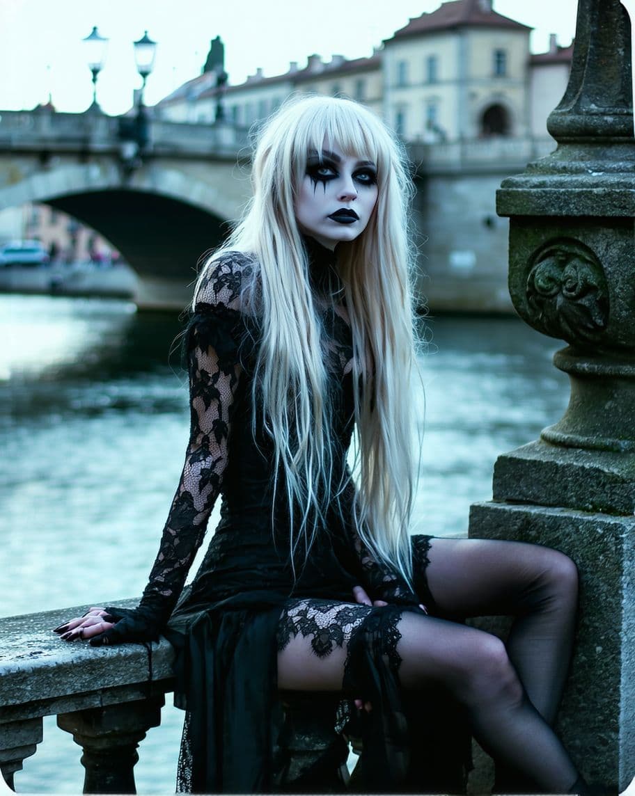 AI generated: An ethereal goth woman with long platinum blonde hair, dramatic dark eye makeup and black lipstick, ...