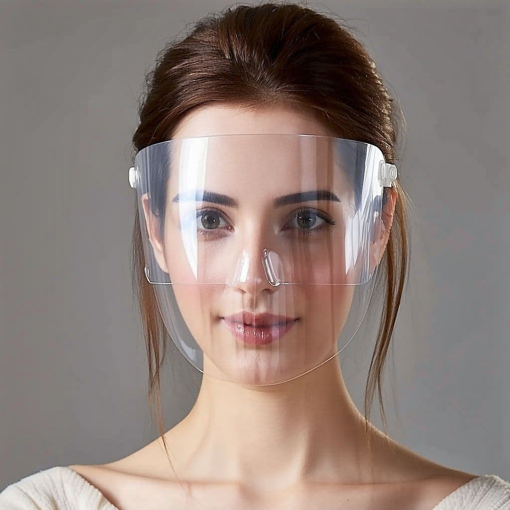 AI generated: A woman with brown hair and white skin, her face covered in clear plastic. The mask is transparent, ...