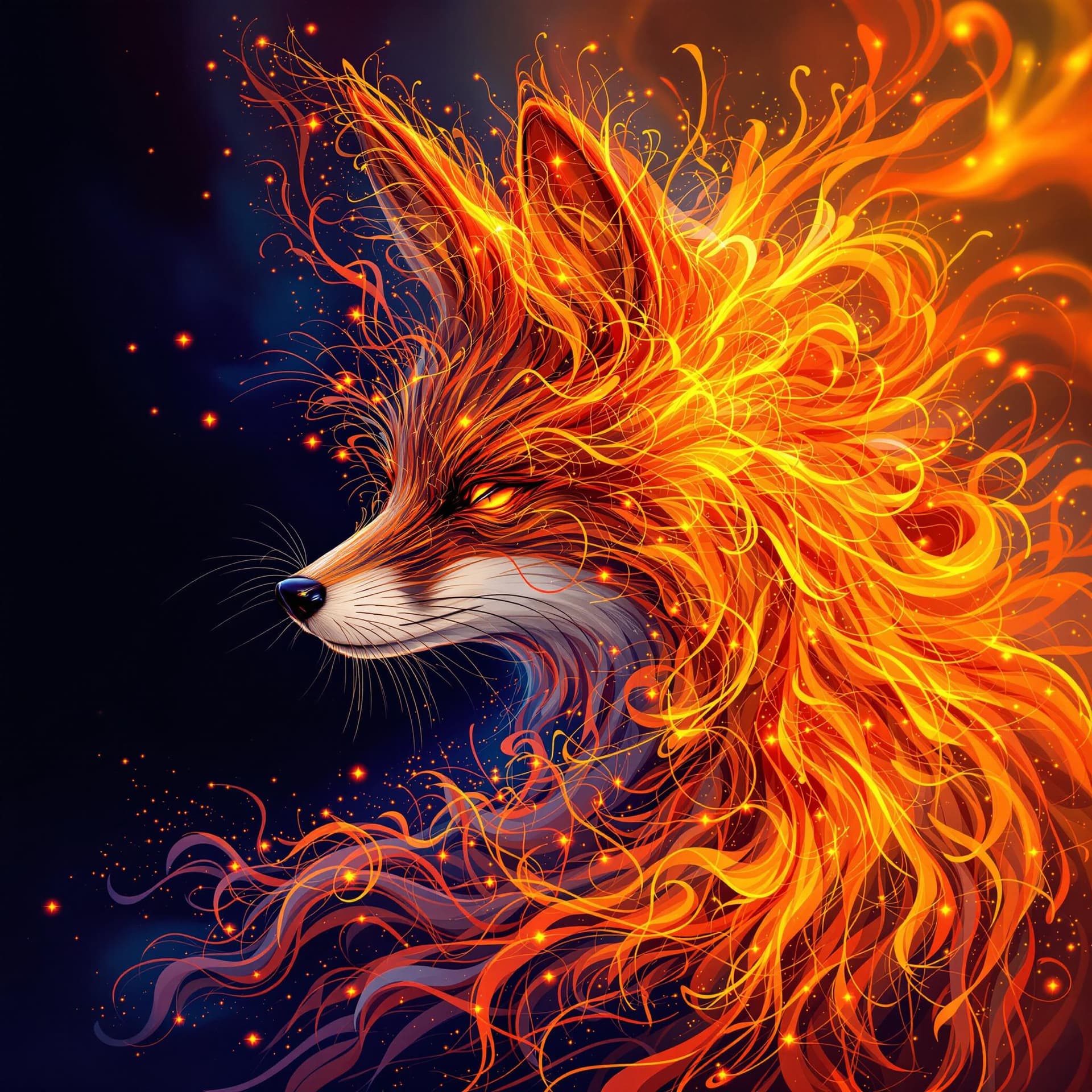 AI generated: A highly detailed artistic fibonacci render of a fox made of orange fire, ferrofluid, psychedelic
