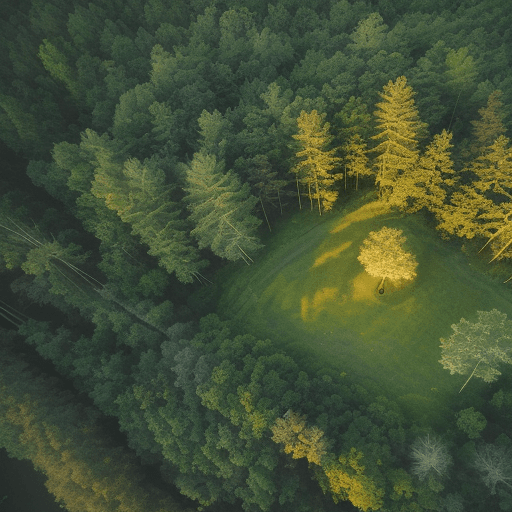 AI generated: Aerial view of a lush green forest with a sunset glow, captured with a DJI Mini 2 SE drone, ultra-re...