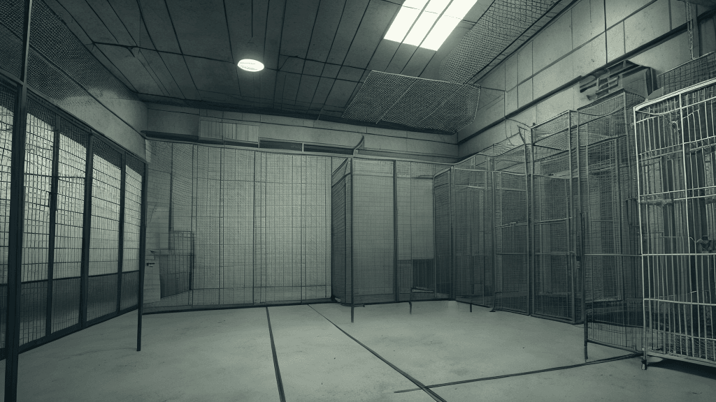 AI generated: A secret laboratory with cages with terrifying and sad monsters