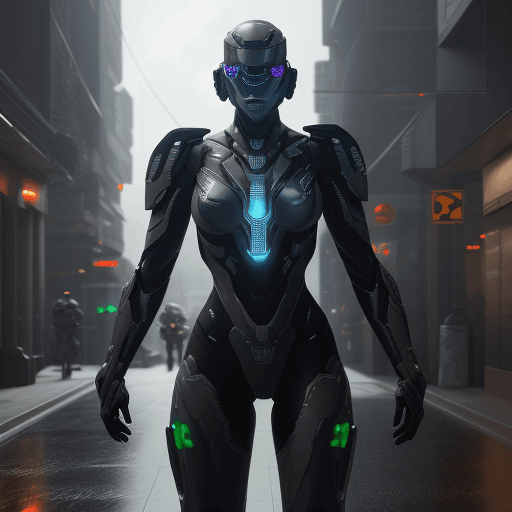 AI generated: Futuristic soldier with hi-tech armor and weaponry, holograms navigations, street, overcast, reflect...