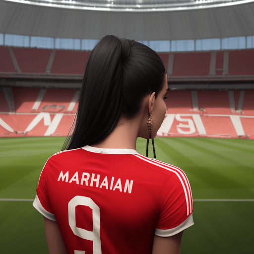 AI generated: View from the back of a young Moroccan woman with long dark curoly hairs wearing a Morocco football ...