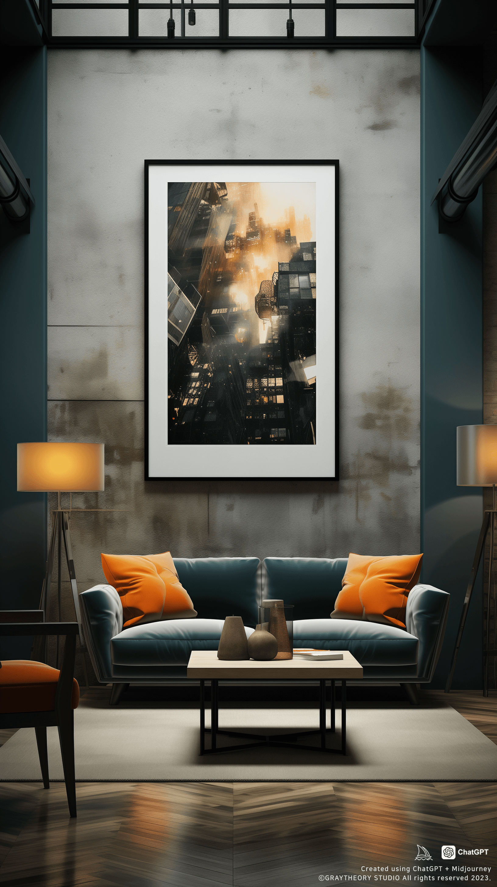 AI generated: eye level, photo, bar, minimalistic interior, abstract large art frame, office snapshot, frame magaz...