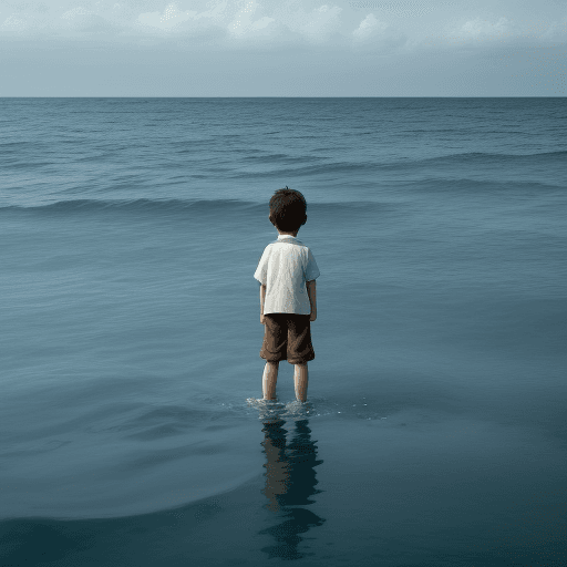 AI generated: A boy sailed alone in the sea.