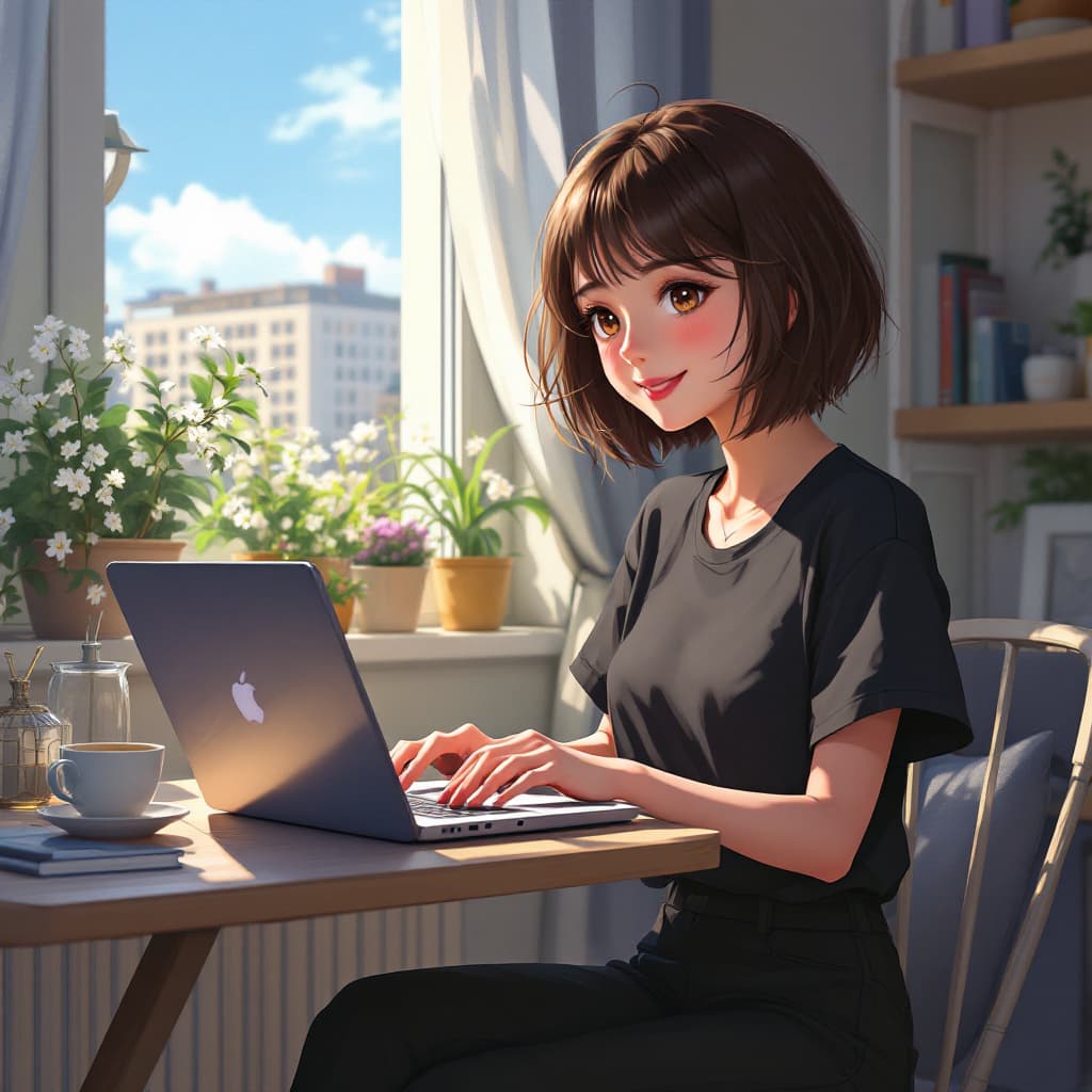 AI generated: 1girl, happy, very closeup painting, short feathered hair, best brown girl hair, pretty woman typing...