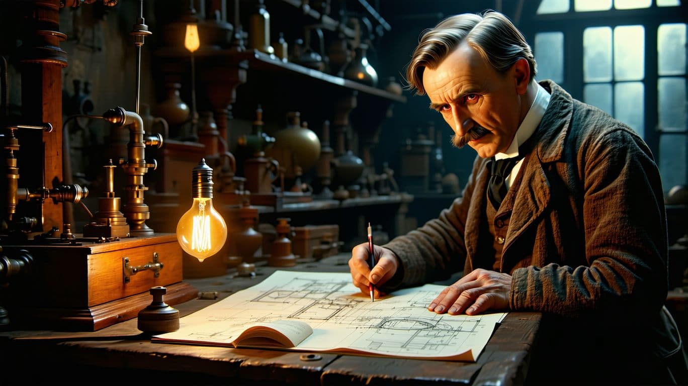 AI generated: A historical recreation of Thomas Edison working in his dimly lit workshop, surrounded by blueprints...