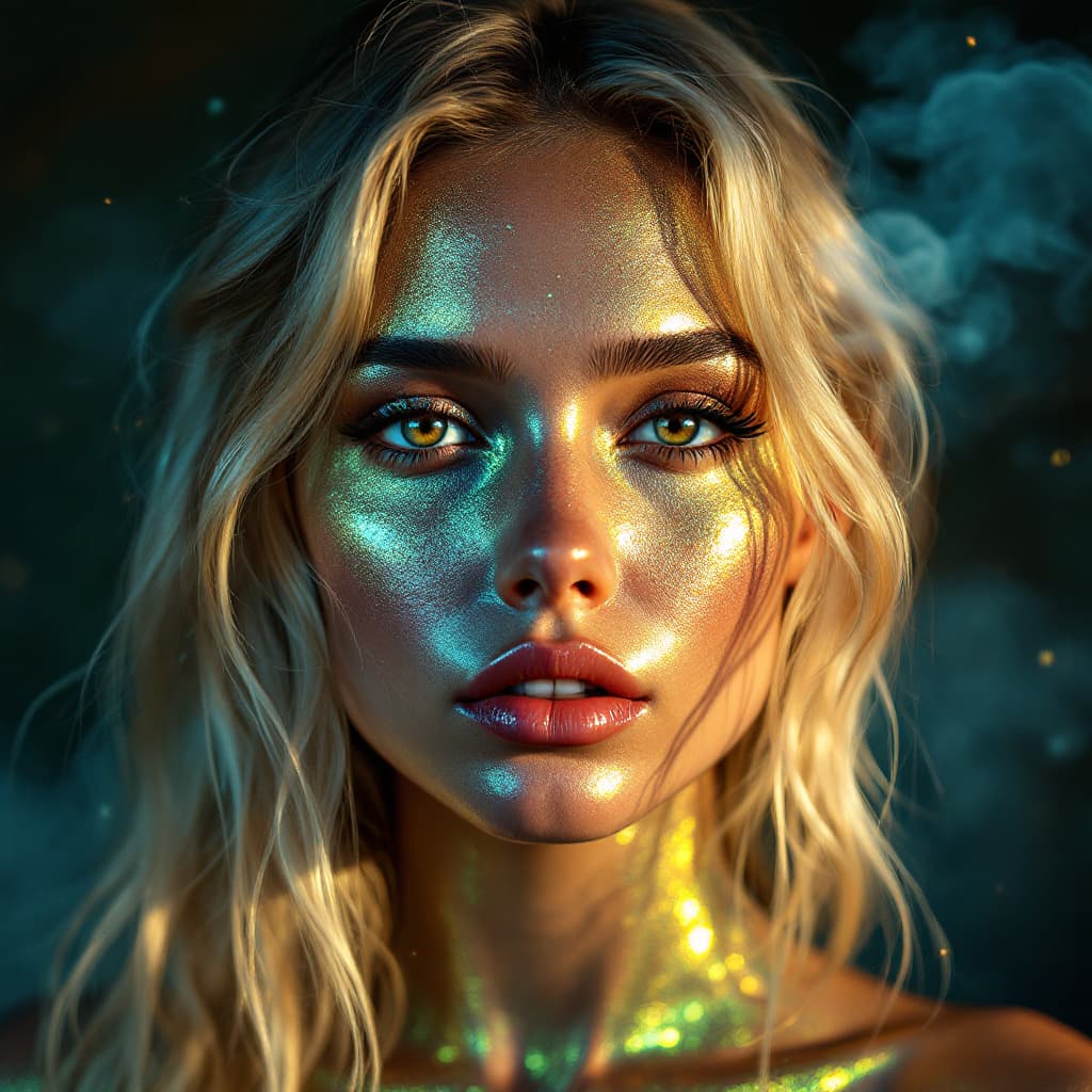 AI generated:  front direct view portrait of blond woman head, brown eyes, metalic skin, disappearing into the pat...