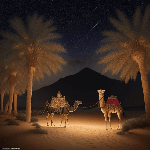 AI generated: In this image, a night scene with a Bedouin and Arabic cultural theme is depicted. The image is circ...