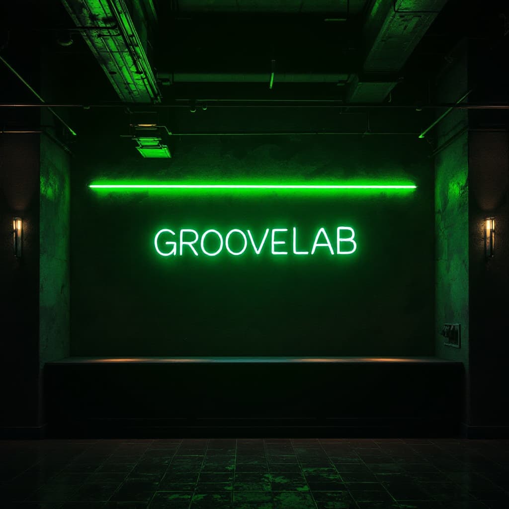 AI generated: hyper realistic dark green tube light writing in a bright industrial bar with the text - GROOVELAB -...