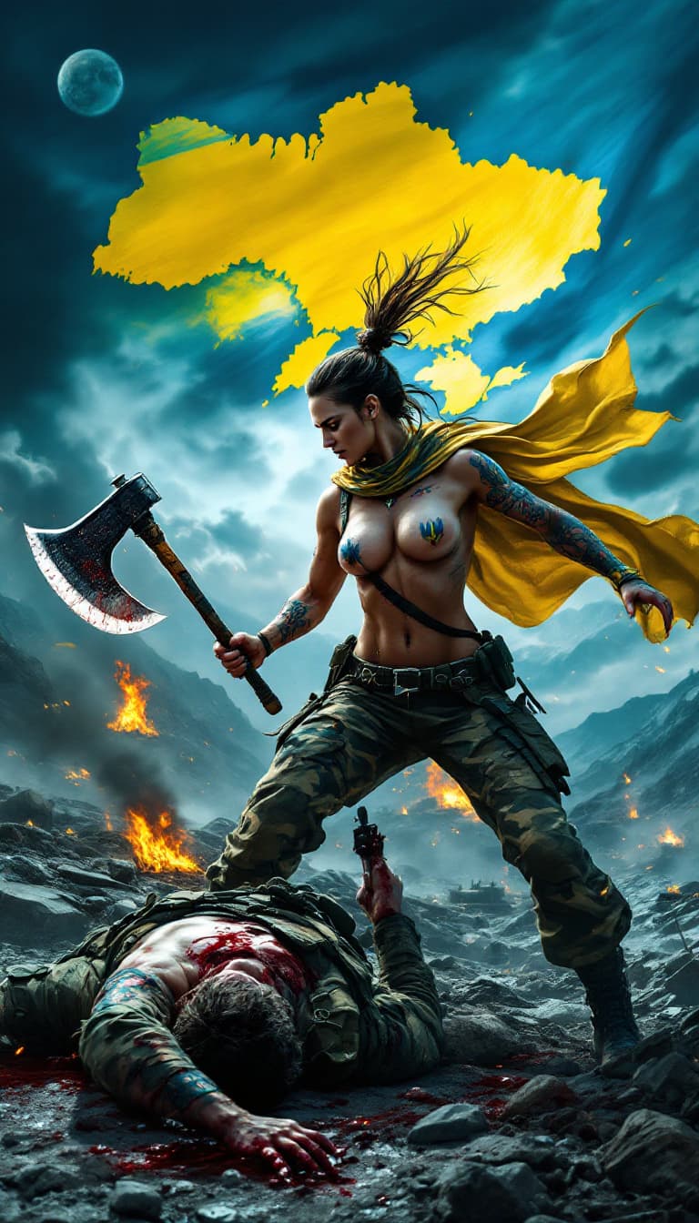 AI generated: An all over the body Tatooed with Ukrainian trident motif heavily armed with rifles and battle axe U...