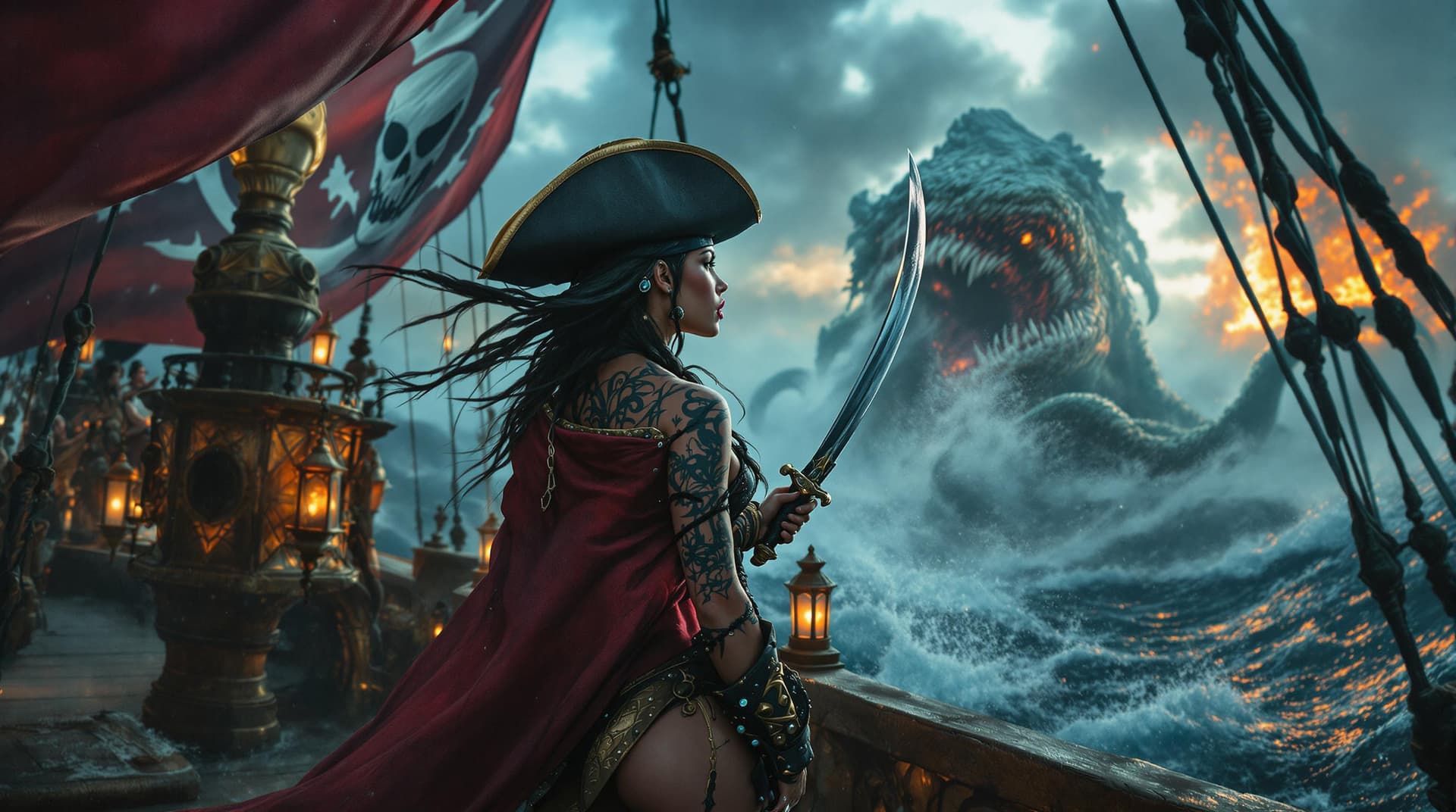 AI generated: a cinematic wide shot of A commanding Native Caribbean Female pirate captain standing tall holding a...