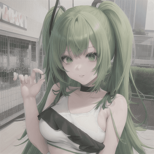 AI generated: anime girl with green hair and a white top and black shorts, anime moe artstyle, mikudayo, seductive...