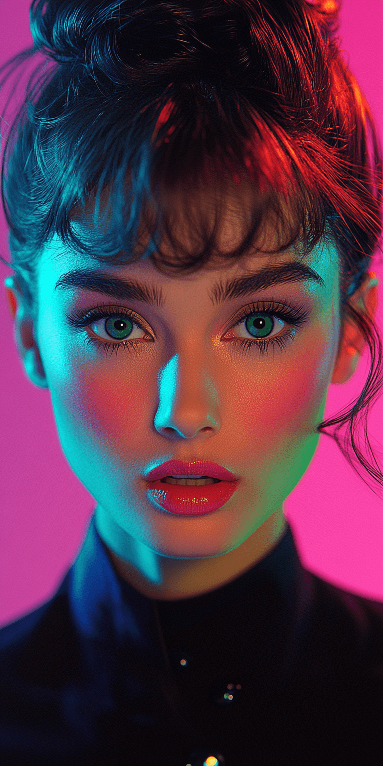 AI generated: Audrey Hepburn, in the style of Andy Warhol, simple background, pink, green, blue, and black colors ...