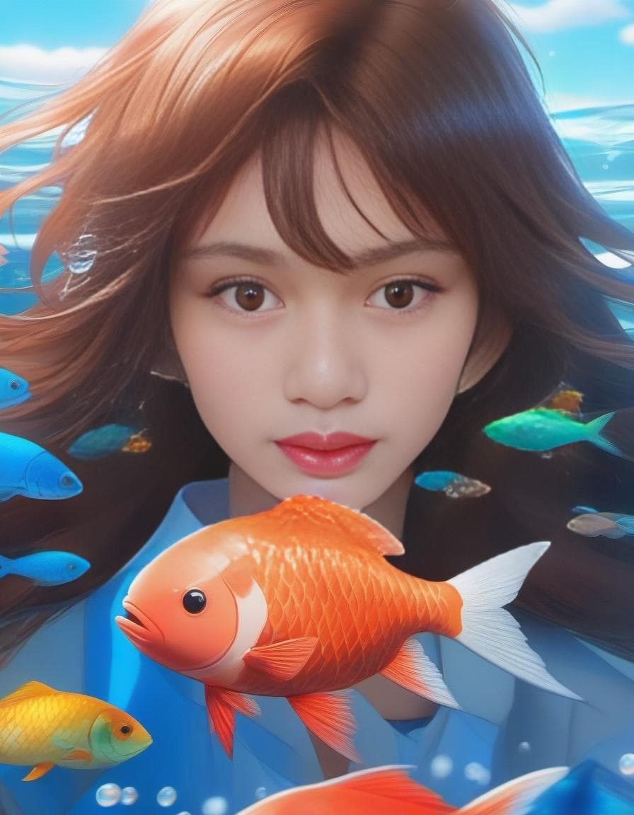 AI generated: Facial close - up, a cute girl and Brightly colored fish, dreamy, eyes close - up, front view, makot...