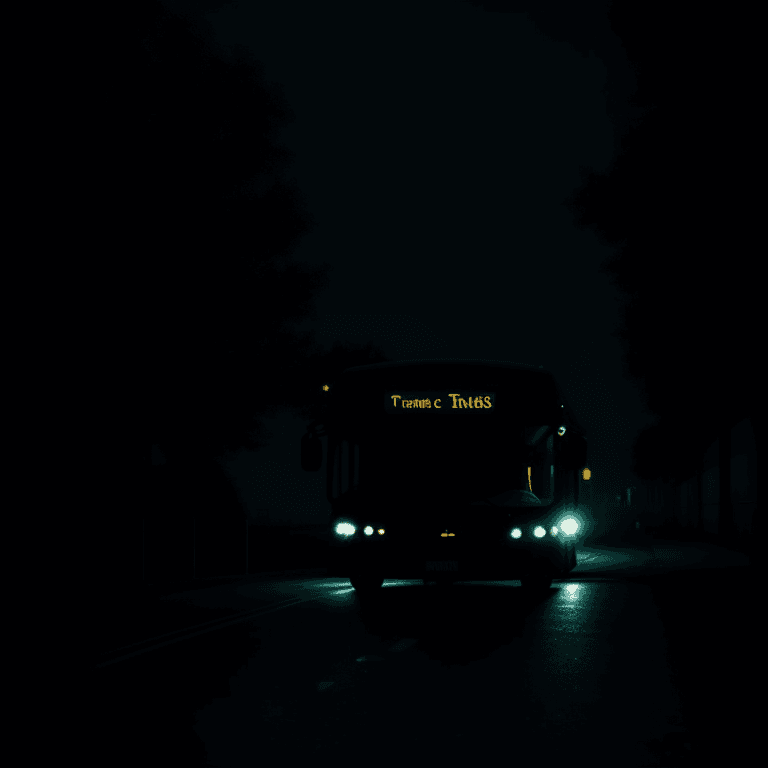 AI generated: dark lit strange bus at a distance, in the middle of the night, moonlight, lit street