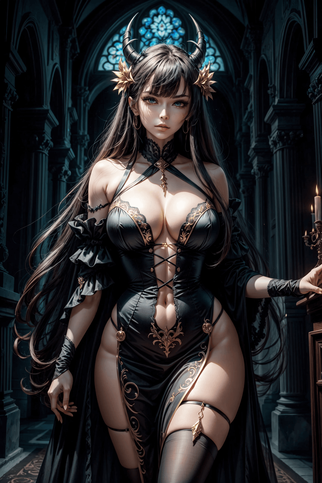 AI generated: The demon mommy's form materializes with a sublime mix of grace and menace. Her lithe silhouette cas...