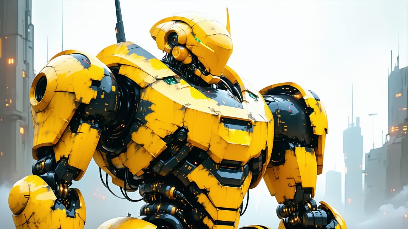 AI generated: Ultra realistic urban mecha, damaged metallic yellow armor, futuristic cyberpunk style and dark dyst...