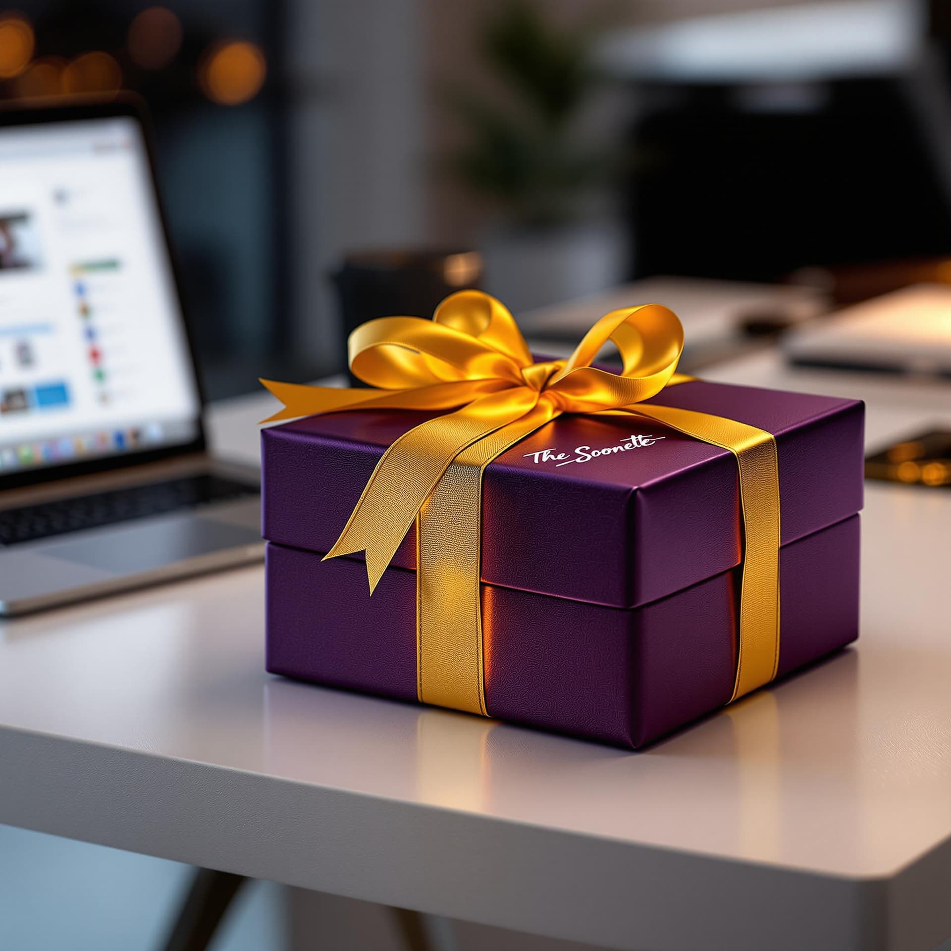 AI generated: imagine A beautifully wrapped present, sitting on the corner of a modern, minimalist office desk in ...
