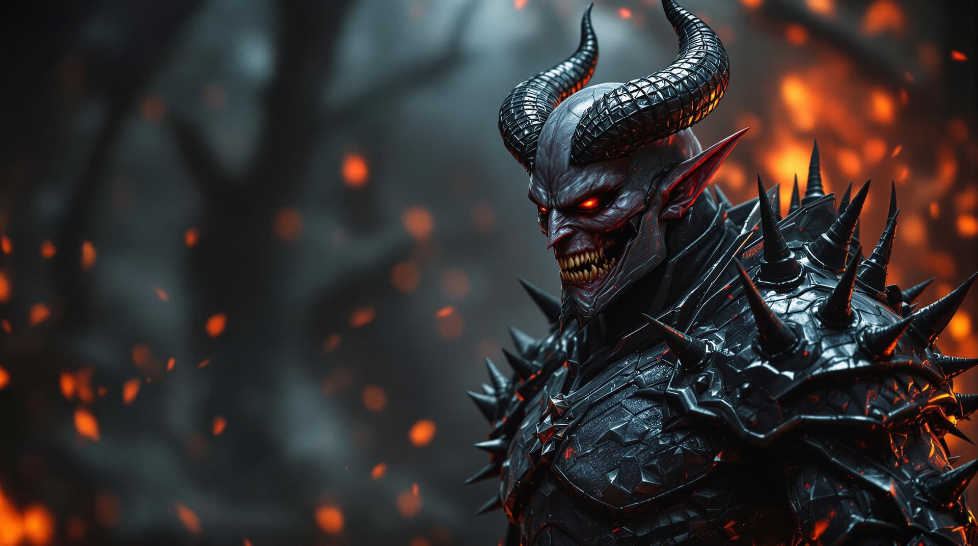 AI generated: Brutal devil looking fighter, bark fire background,4k, carbon armor with spikes,  full body