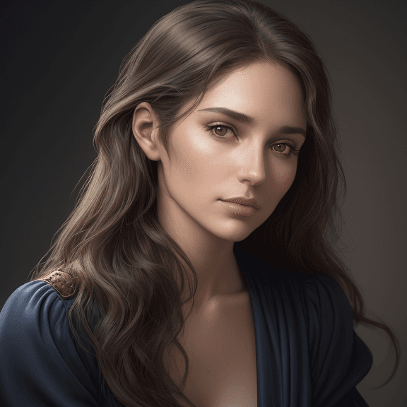 AI generated: the face of a woman with brown eyes the face of a person, in the style of yigal ozeri, light navy an...