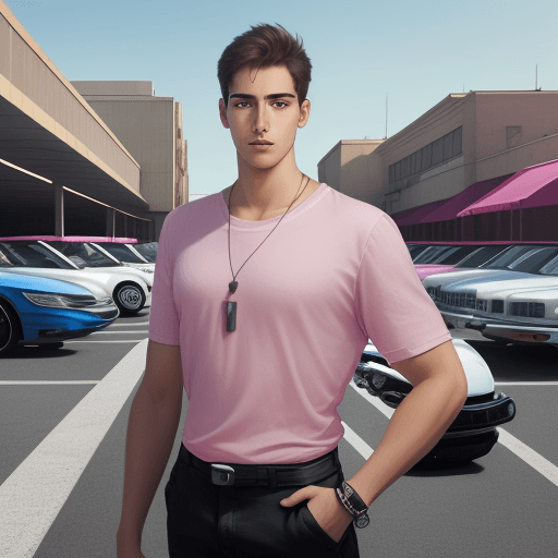 AI generated: hyperrealistic, car and motorcycle parking lot, in the center of the parking lot a young man with a ...